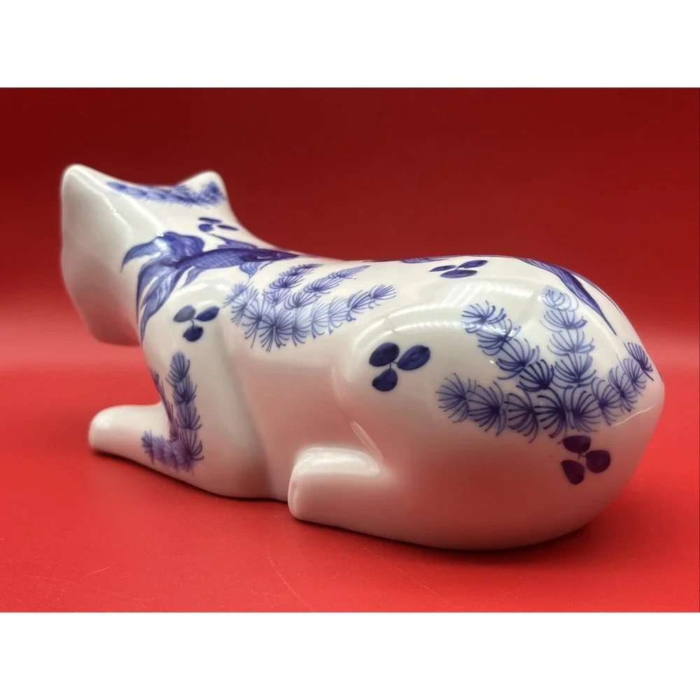 Large Blue & White Ceramic Cat Figurine With Carps Decoration Hand Painted 12